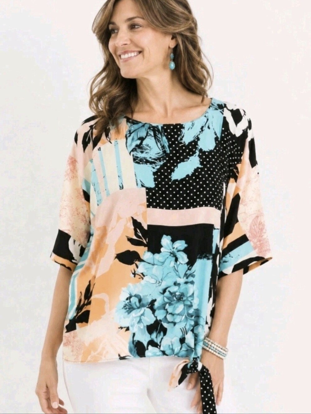 Chico's Boho Vibrant Floral Jersey Knit Dolman Sleeve Side Tie Hem Top Sz 2- Lg